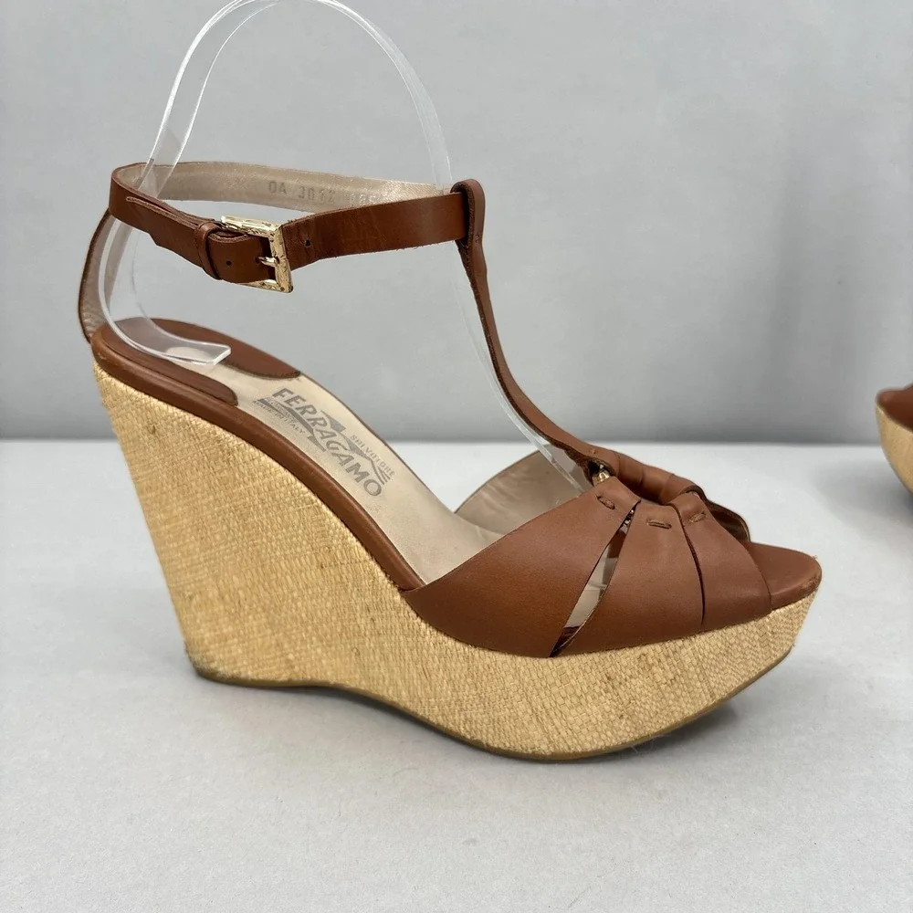 Salvatore Ferragamo Wedge Sandals Shoes Womens 8.5 Leather Espadrille Italy
